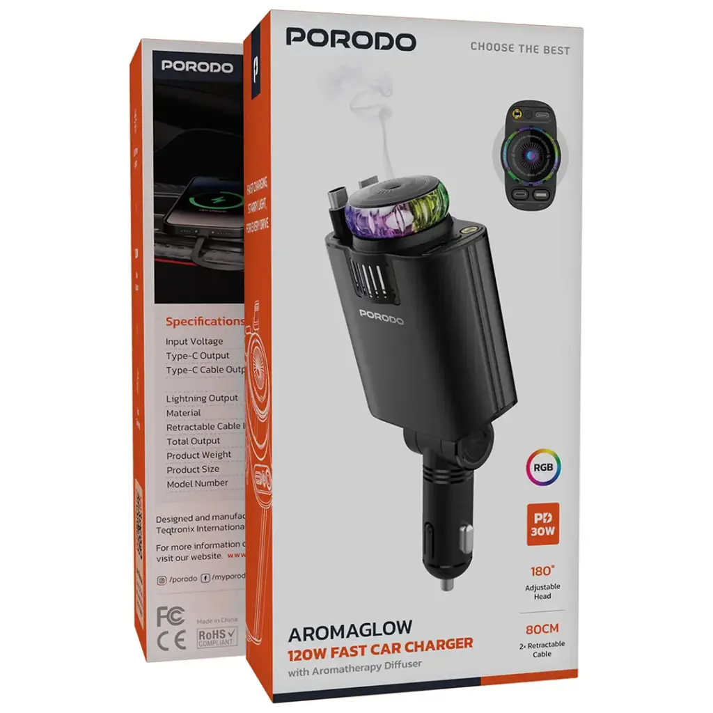 Porodo AROMAGLOW 120W Fast Car Charger – Black3